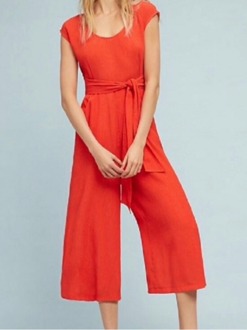 Anthropologie Red-Orange Sleeveless Wide-Leg Jumpsuit with Tie Waist. See pics